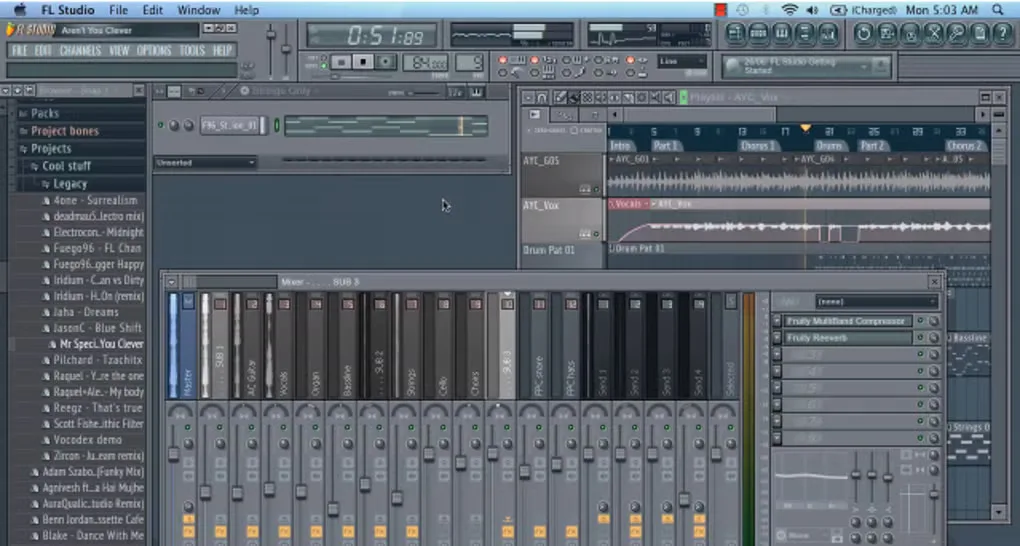 Older FL Studio interface on Mac showing arrangement waveforms, Channel Rack and mixer faders.