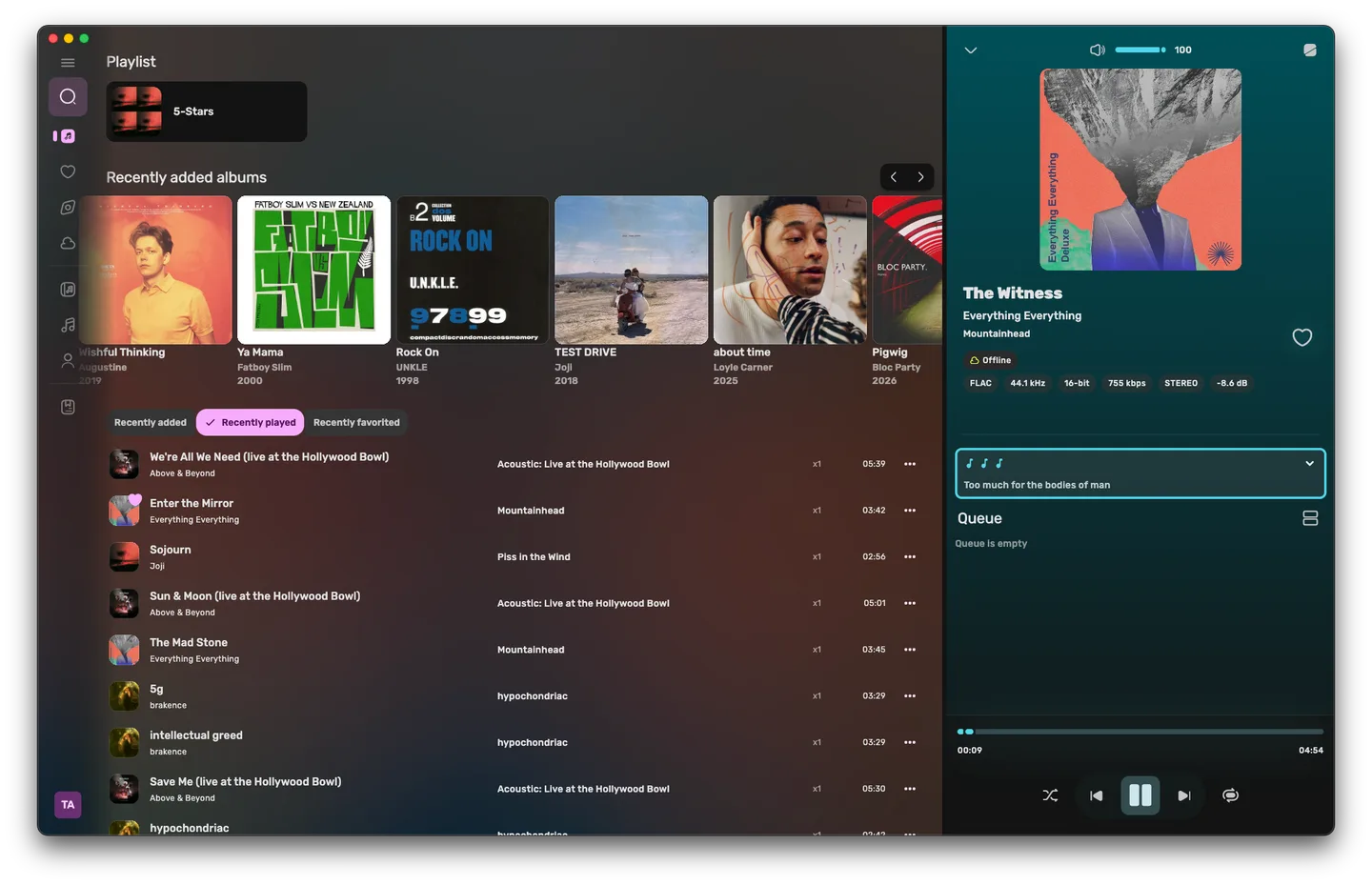 Fladder desktop music dashboard with albums, track list, lyrics and playback controls; publisher screenshot uses macOS window controls.