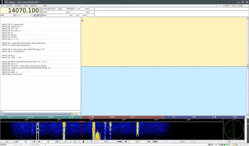 fldigi radio interface with receive text, yellow and blue text panes, macro buttons and a signal waterfall.