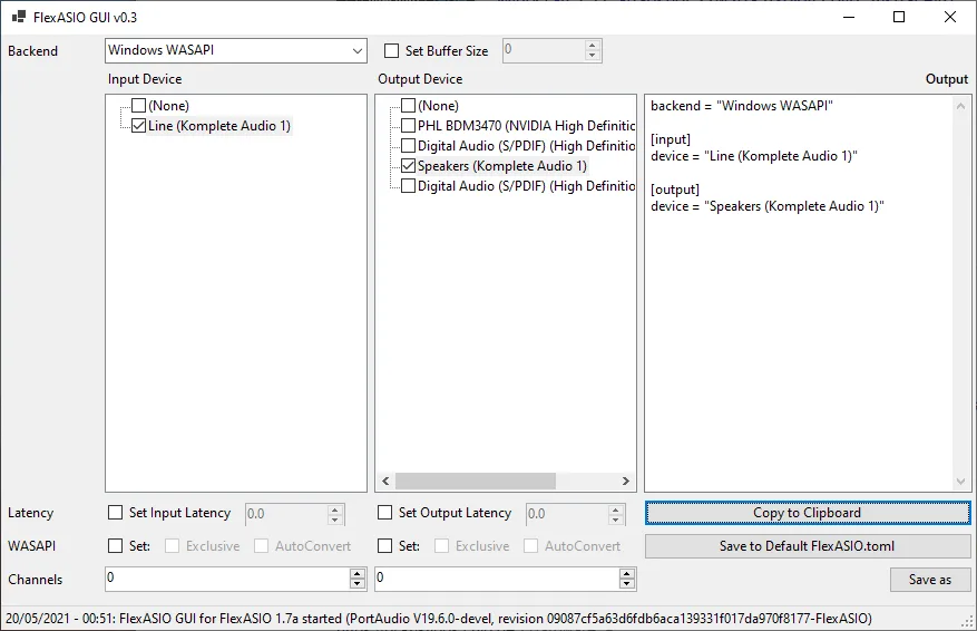 Historical FlexASIO GUI v0.3 third-party companion showing WASAPI device selection and TOML output; not the driver's built-in interface