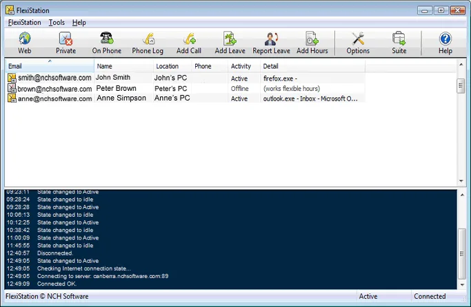 FlexiStation Windows employee client showing the Web, Private, Add Leave and Add Hours toolbar, coworker activity table and connection log.