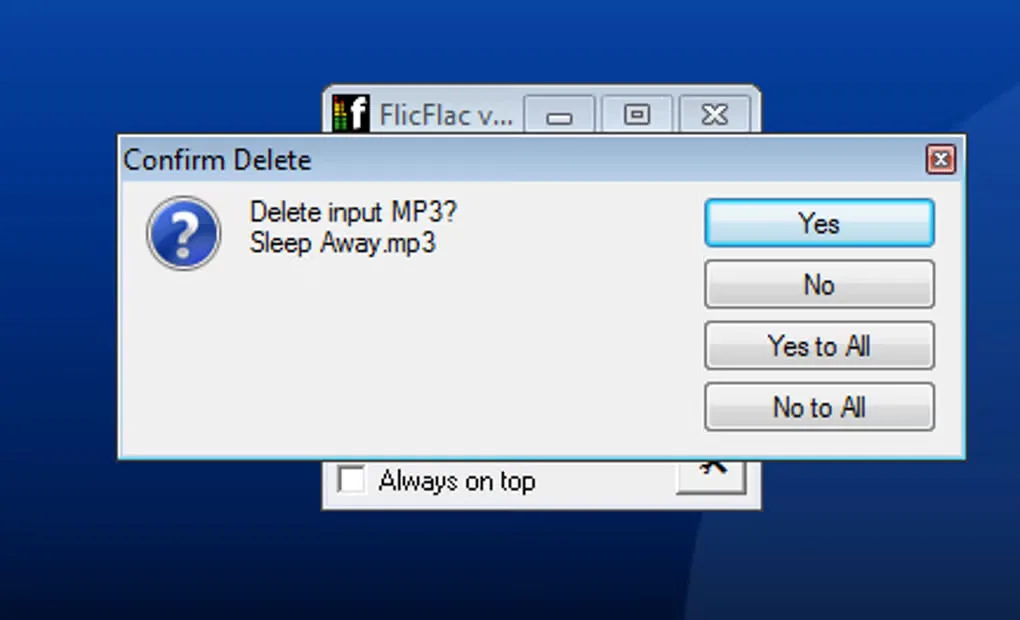 Older FlicFlac gallery screenshot showing a Confirm Delete dialog for an input MP3 file