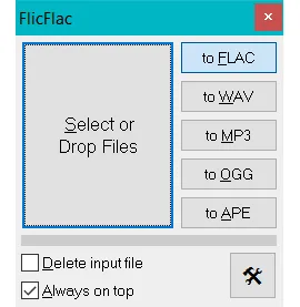 FlicFlac conversion window with a file drop area and FLAC, WAV, MP3, OGG and APE output buttons