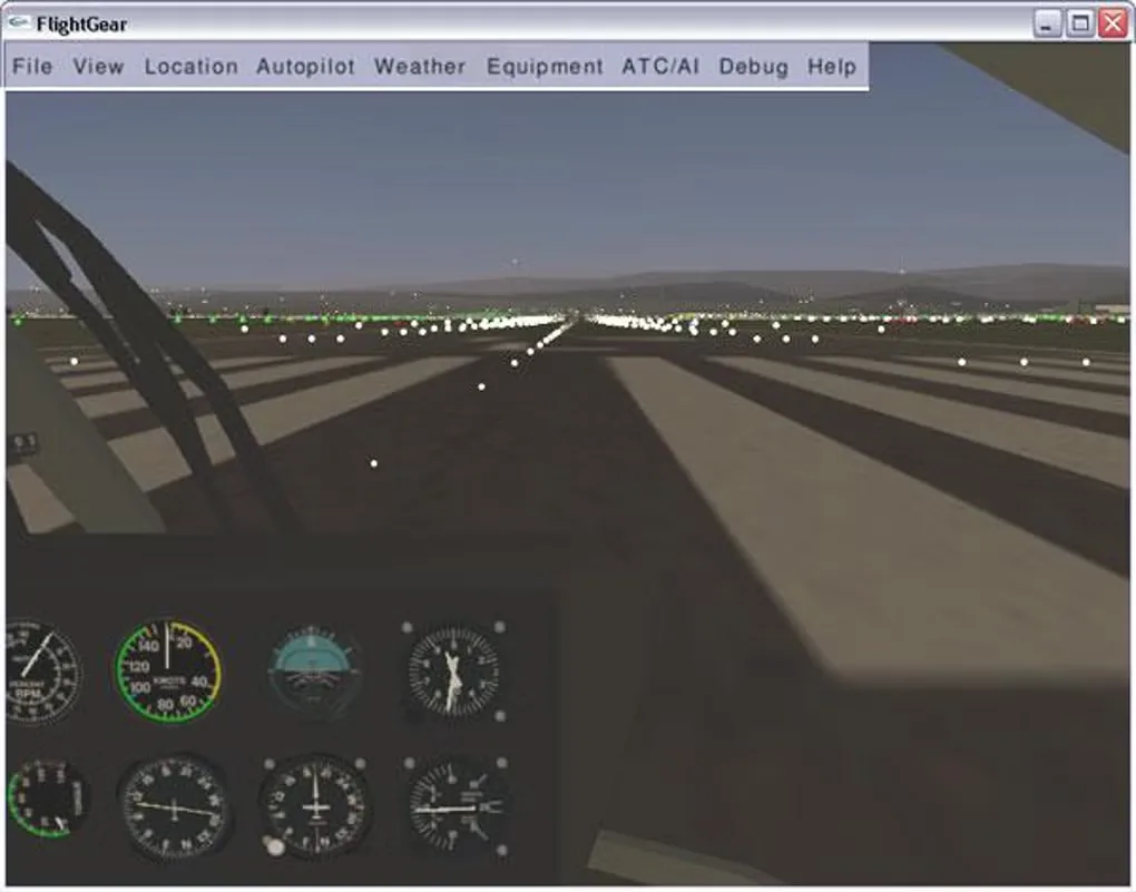 Historical FlightGear Windows cockpit view with the application menu, instrument gauges and a lit runway