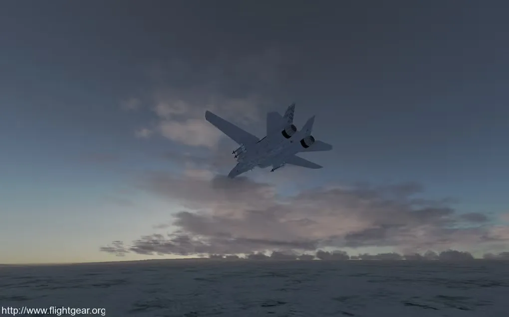 Historical FlightGear gameplay screenshot showing a jet above the ocean at dusk, with the original flightgear.org credit