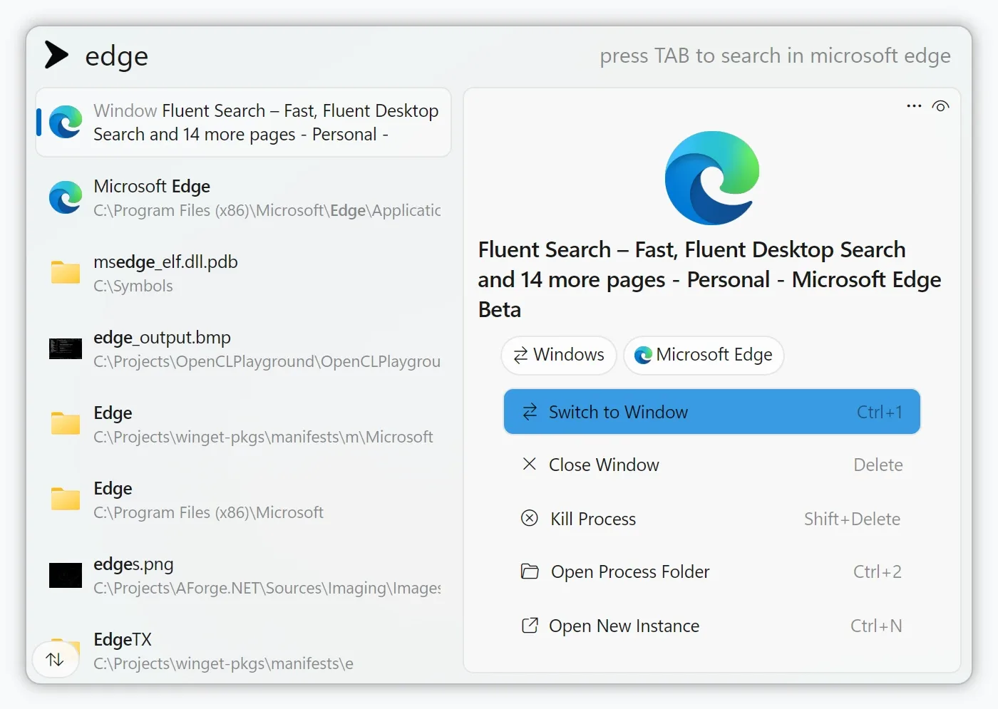 Fluent Search results for edge, with apps and files on the left and actions for a selected Microsoft Edge window on the right.