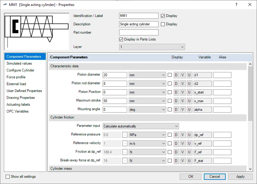 FluidSIM single-acting cylinder properties dialog with piston dimensions, stroke and friction settings