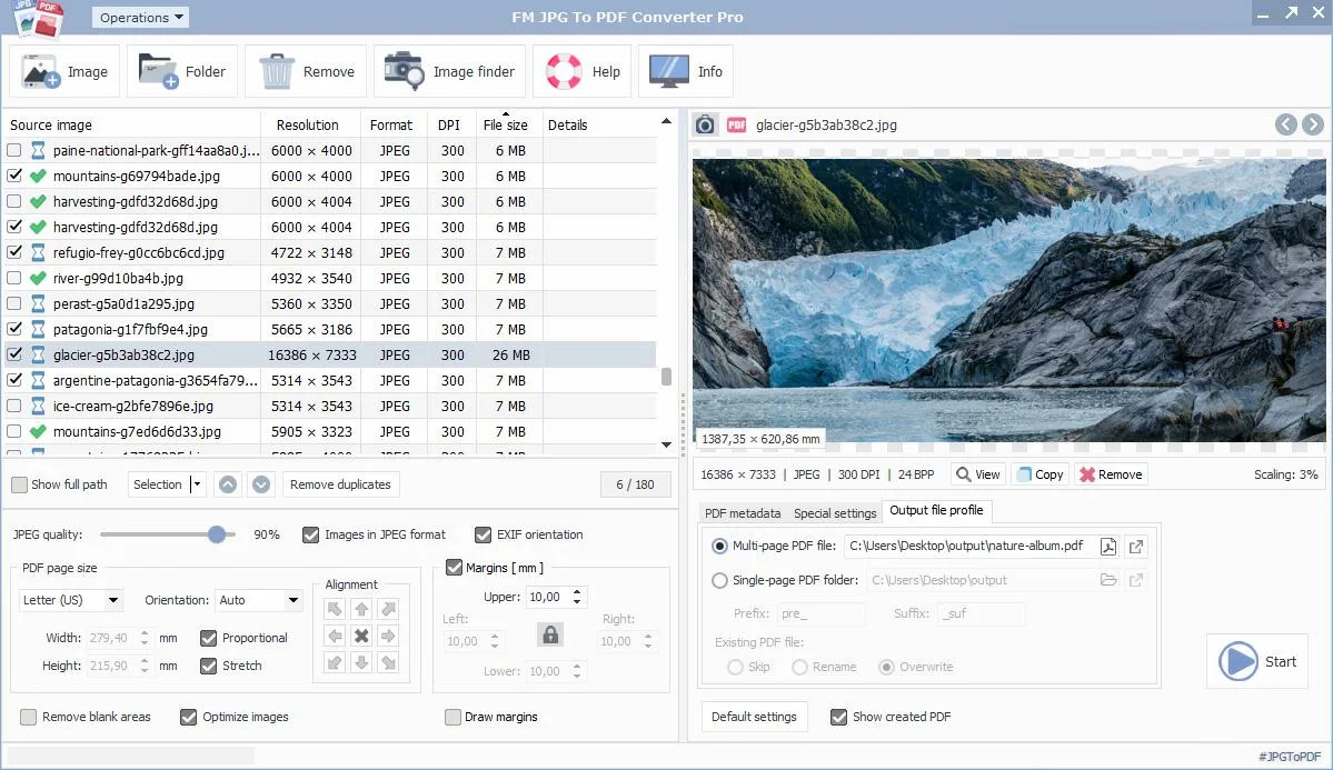 FM JPG To PDF Converter Pro showing an image queue, glacier preview, PDF page layout controls and multi-page output settings