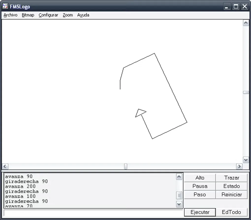 FMSLogo on Windows showing a turtle line drawing, Spanish menus and commands in the Commander panel.
