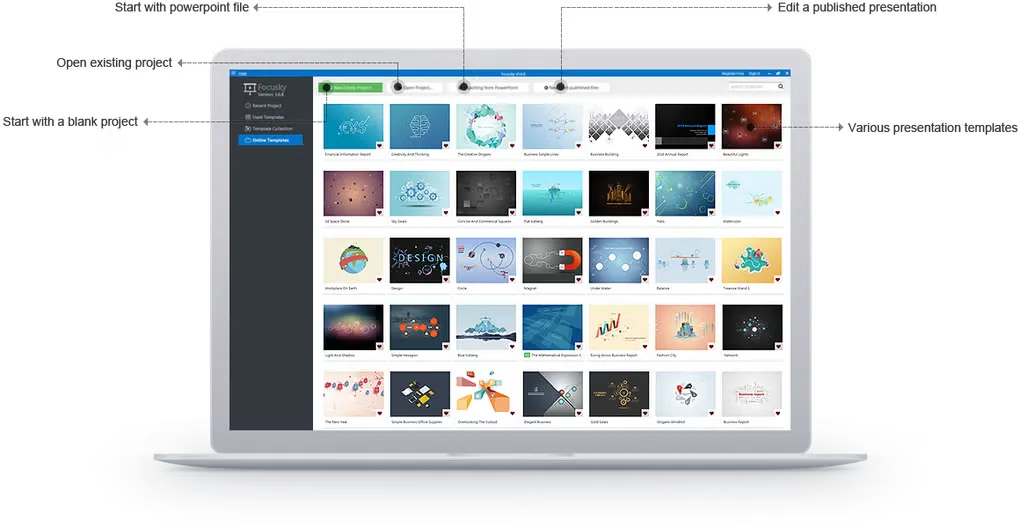 Focusky template browser with presentation thumbnails and project creation controls, shown in a publisher laptop-framed screenshot.