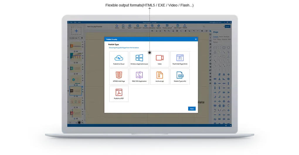 Focusky publish dialog showing cloud, application, video, HTML and PDF output choices, shown in a publisher laptop-framed screenshot.