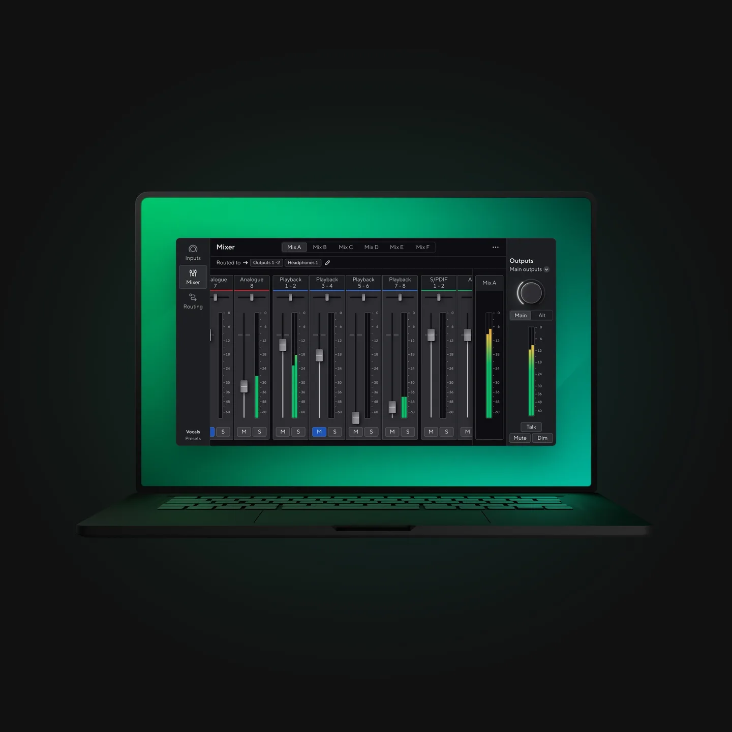 Publisher image of Focusrite Control 2 on a laptop, showing mixer channels, level meters, mix tabs and output controls.