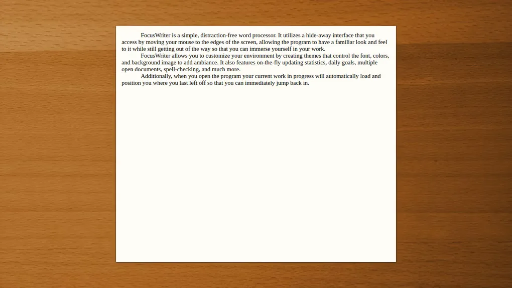 FocusWriter writing workspace with a white document, sample text and wood-grain background; controls are hidden.