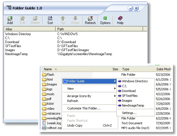 Publisher illustration of Folder Guide 1.0 showing its Alias and Path list and favorites submenu in Windows Explorer.