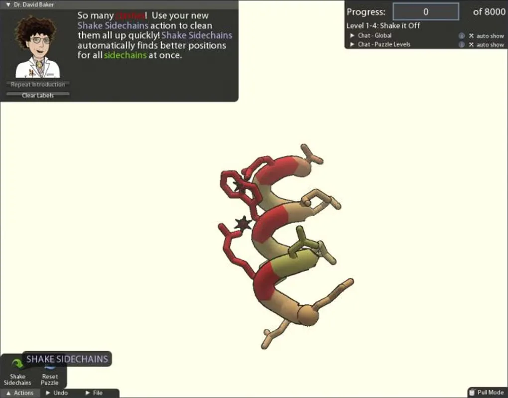 Foldit tutorial showing a protein helix, Shake Sidechains action and puzzle progress controls