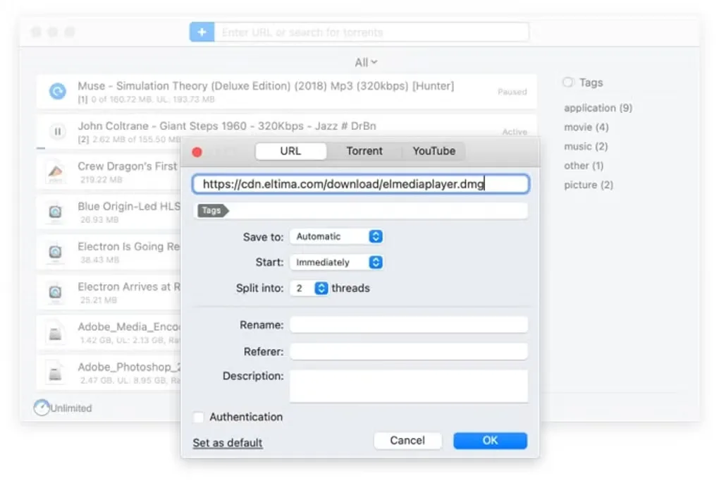 Folx for Mac URL download dialog with tag, save-location and thread options over the download queue
