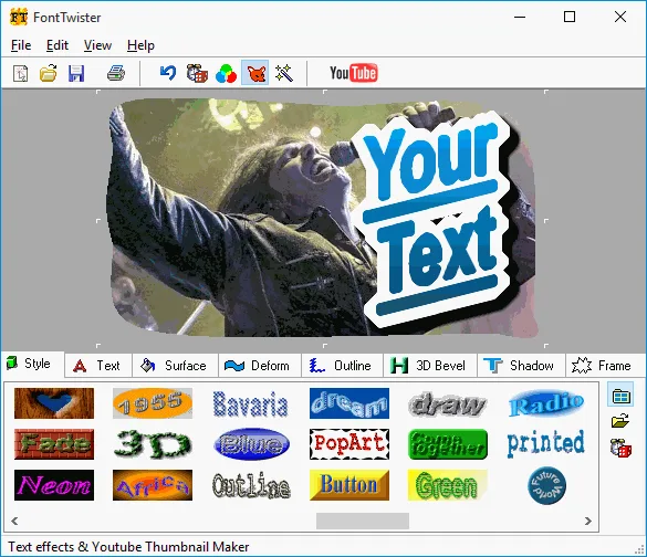 FontTwister window showing a video thumbnail with Your Text lettering, effect tabs and a grid of style presets
