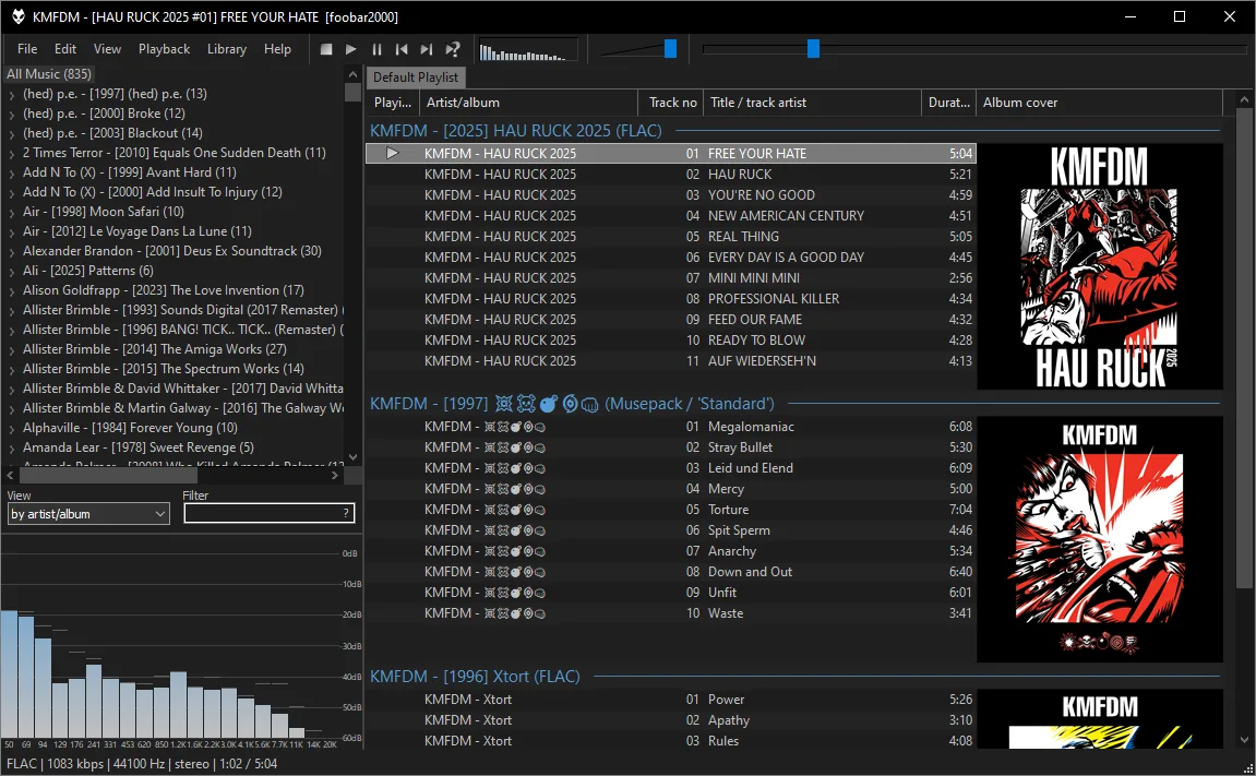 foobar2000 for Windows in dark mode, with Album List, grouped playlist, album artwork and Spectrum visualization.