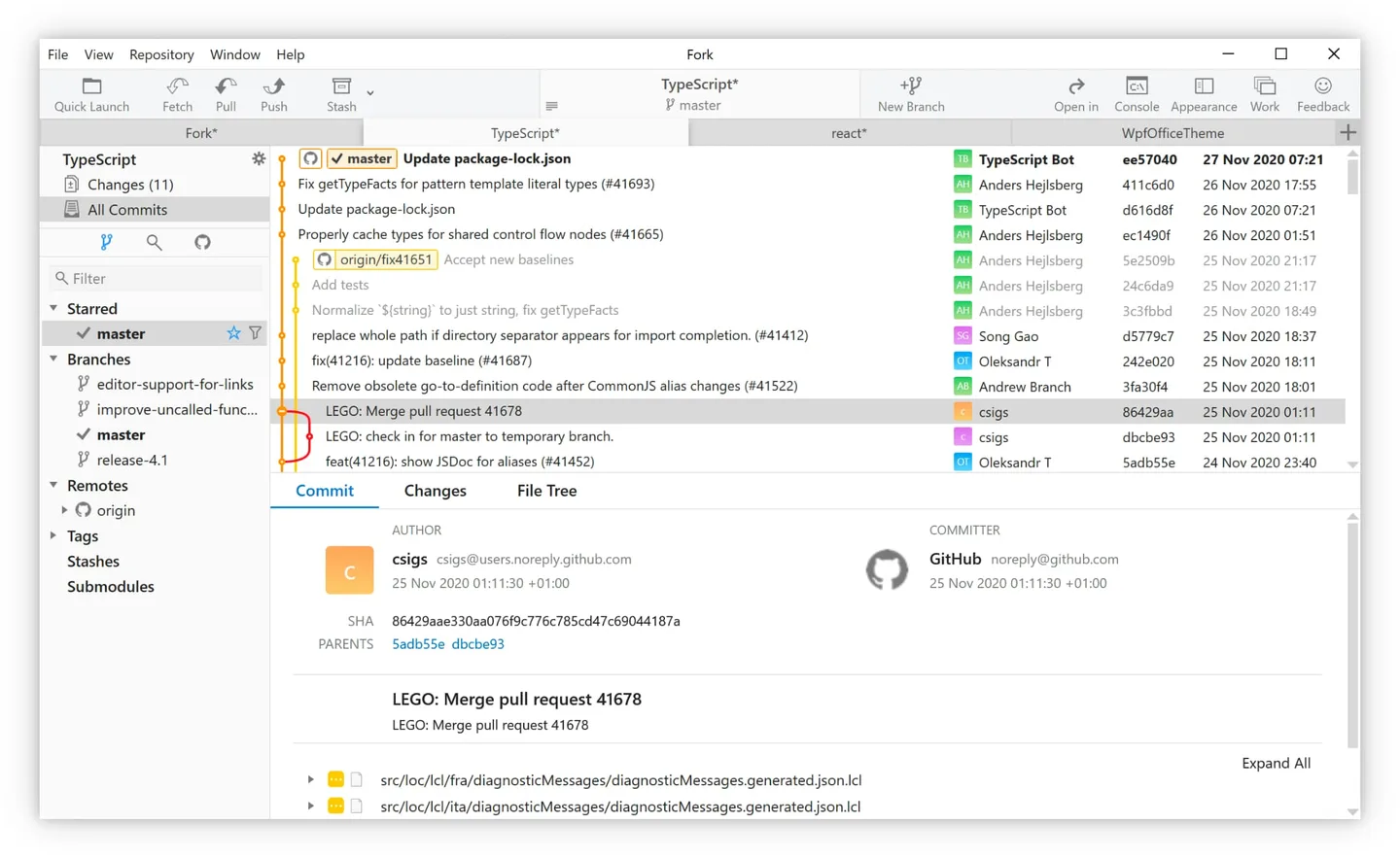 Fork for Windows showing the TypeScript repository's branch graph, commit list and selected commit details