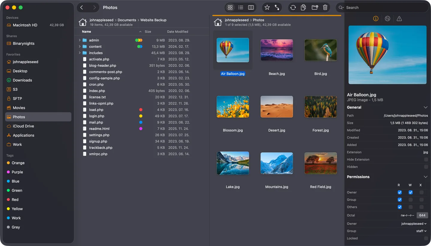 ForkLift for Mac showing a folder list beside photo thumbnails, with a sidebar and selected-image preview