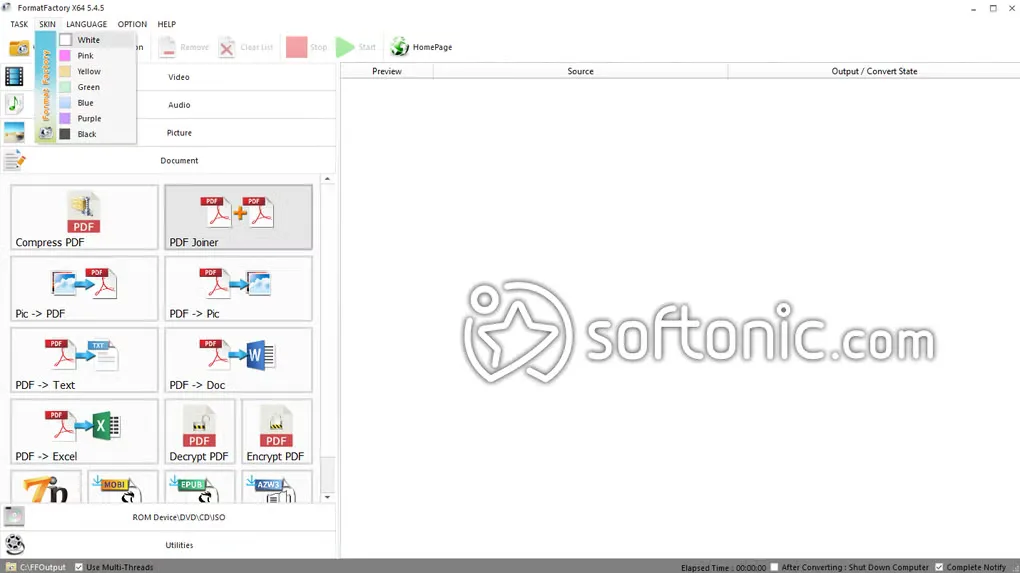 Format Factory 5.4.5 for Windows with PDF tools, an empty conversion queue and the Skin menu open; Softonic watermark retained.
