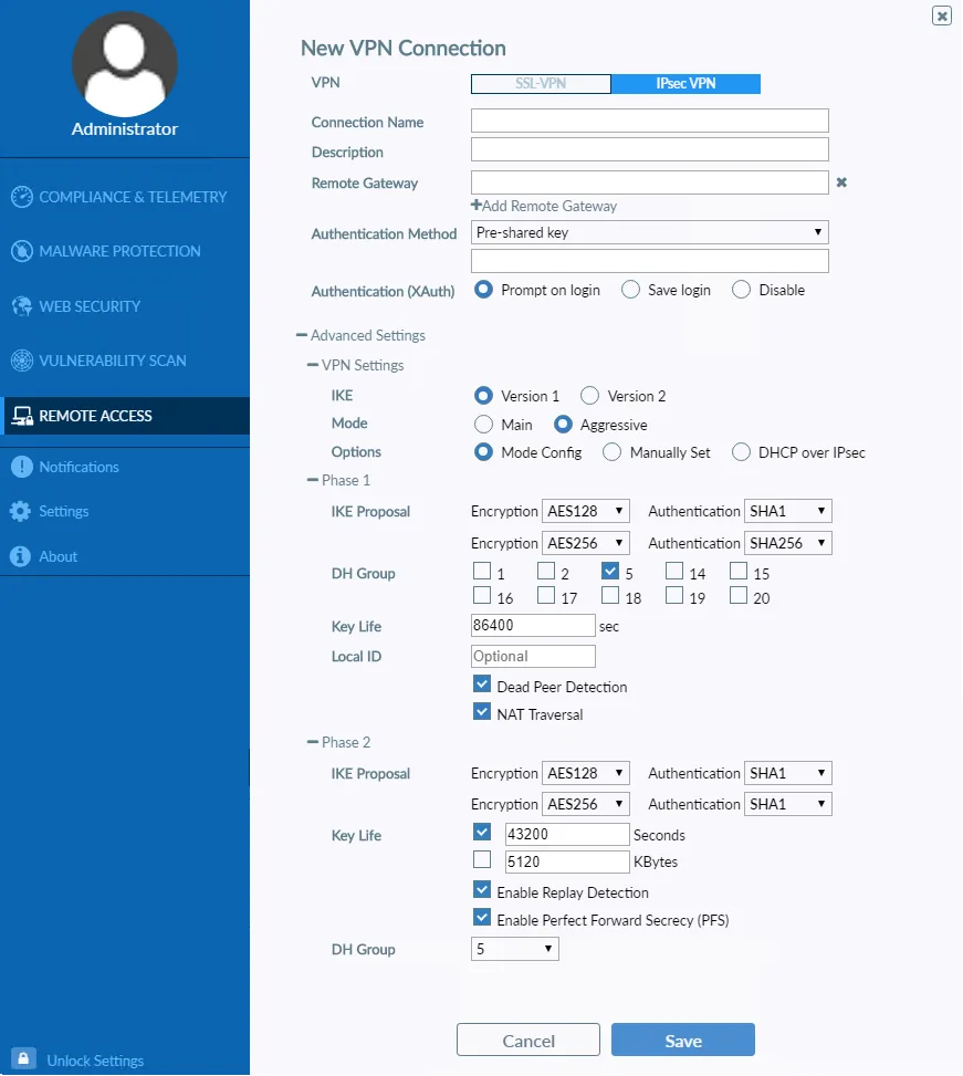 FortiClient IPsec VPN connection settings in the publisher’s 7.4.3 guide, showing gateway, authentication and tunnel options