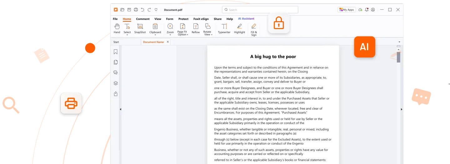 Foxit PDF Reader's Windows document window with Home ribbon, annotation and form controls, shown in the publisher's promotional screenshot