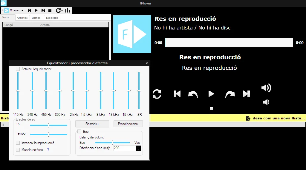 Publisher screenshot of the older Catalan fPlayer interface with music library, playback controls and an equalizer and sound-effects dialog.