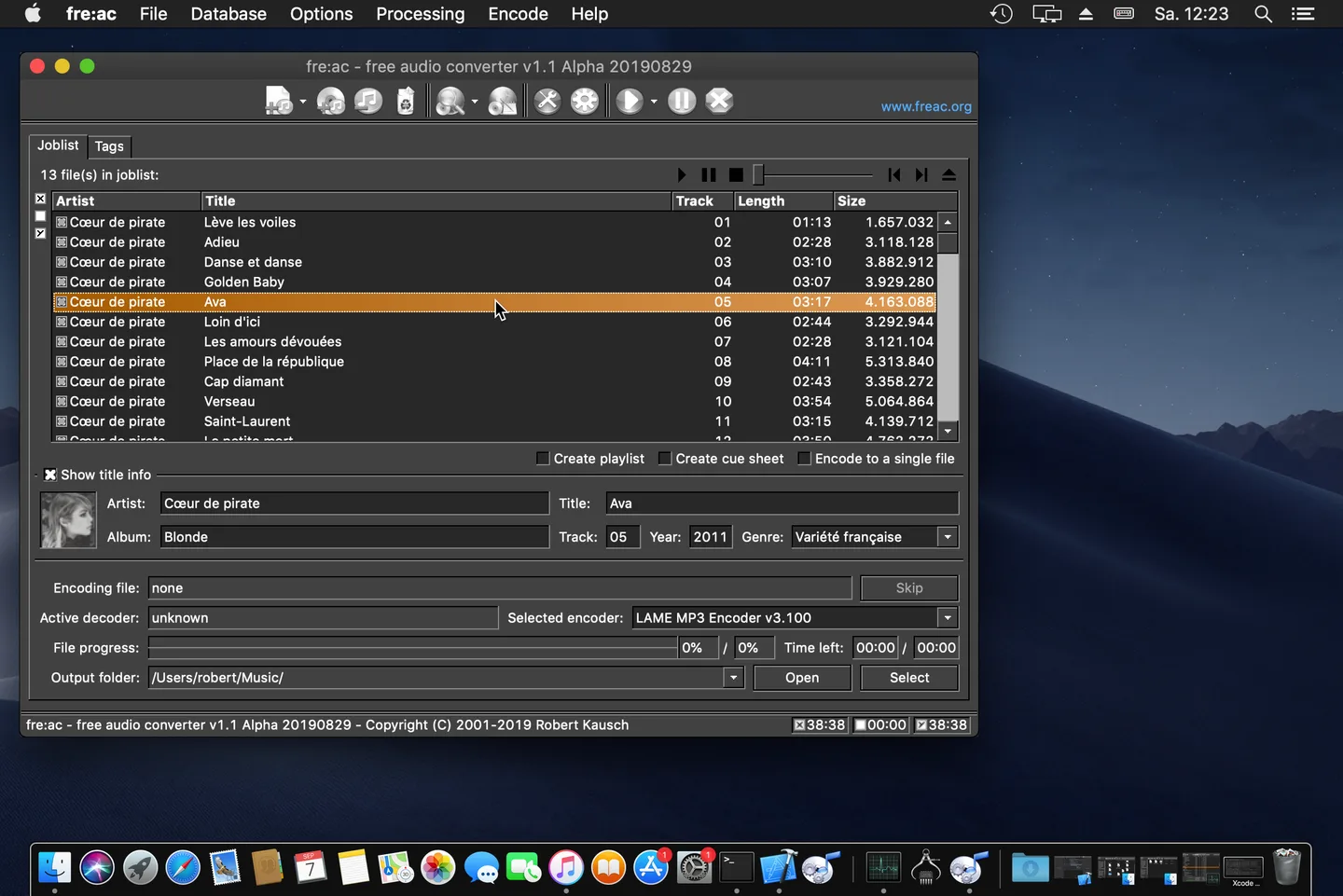 Publisher's 2019 fre:ac alpha on macOS in dark mode, showing the audio job list, track tags and encoder controls