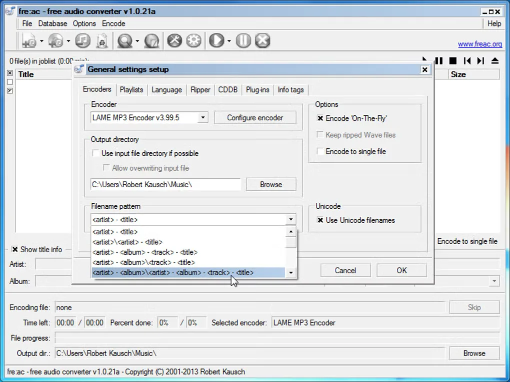 Older fre:ac 1.0.21a Windows interface showing encoder, output folder and filename-pattern settings.