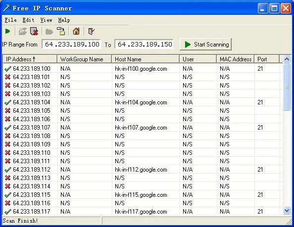 Free IP Scanner Windows interface with IP range fields, Start Scanning button and host results showing IP, workgroup, hostname, user, MAC address and port columns.