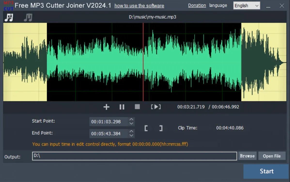 Publisher screenshot of Free MP3 Cutter Joiner V2024.1 with waveform selection, start and end times, output folder and Start button