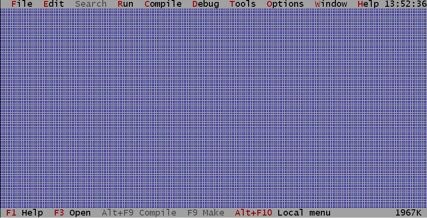 Free Pascal text-mode IDE startup desktop with File, Run, Compile and Debug menus and keyboard shortcuts.