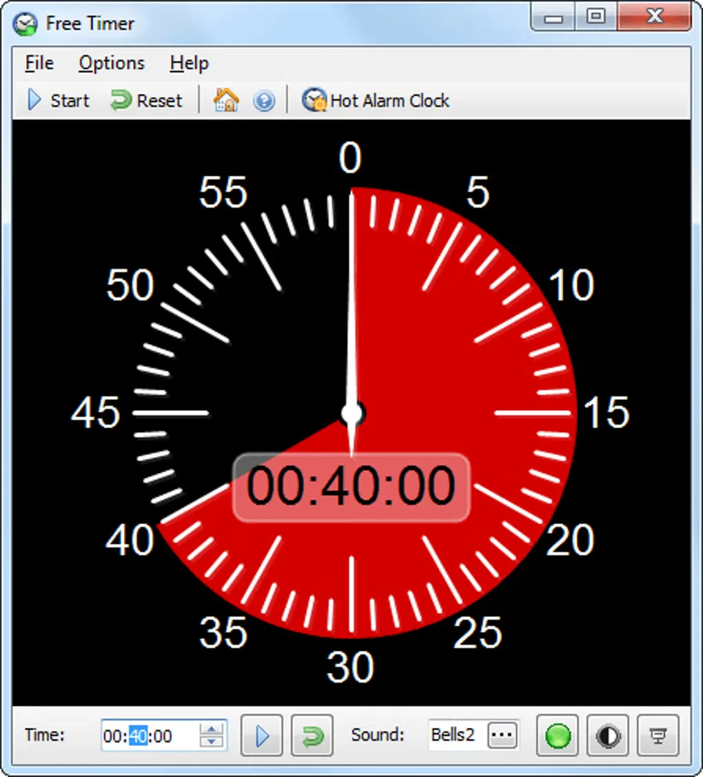 Historical Free Timer Windows interface with a red 40-minute dial, Start and Reset controls, time field and sound selector