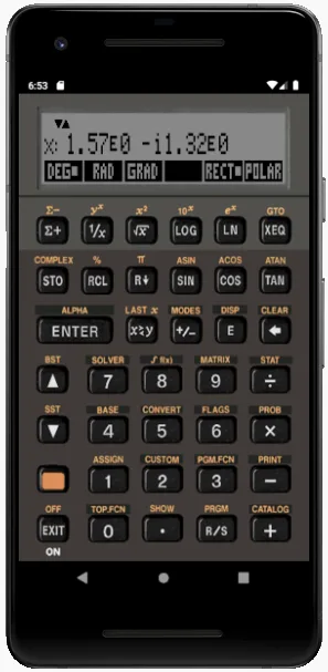 Free42 on Android showing a two-line calculator display, scientific function keys and numeric keypad inside a phone frame.