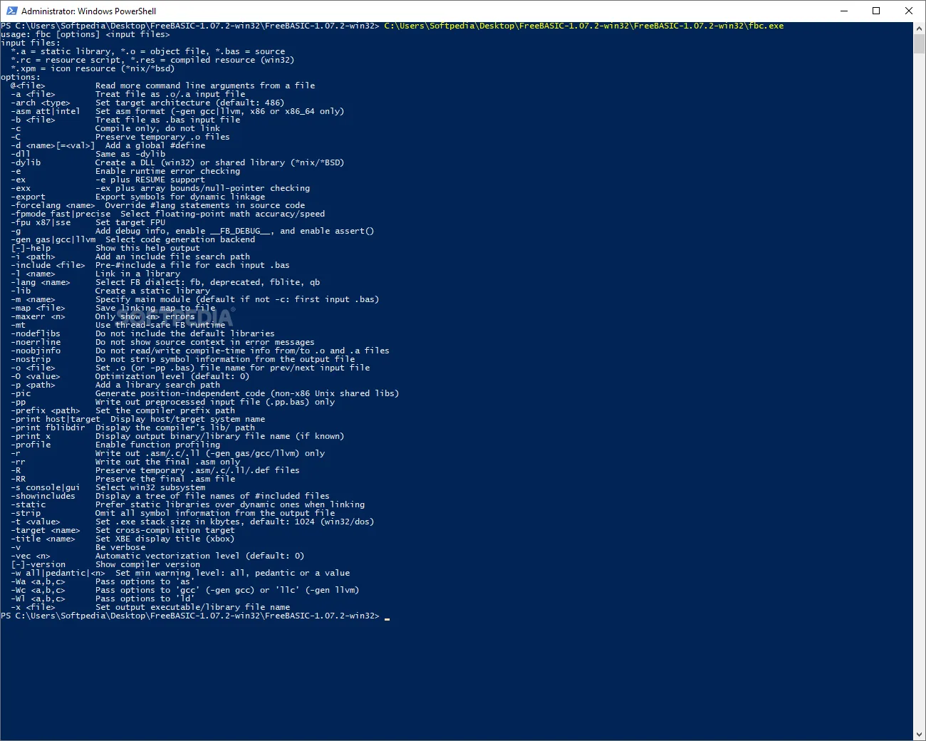 Historical FreeBASIC 1.07.2 win32 compiler showing command-line usage and options in Windows PowerShell
