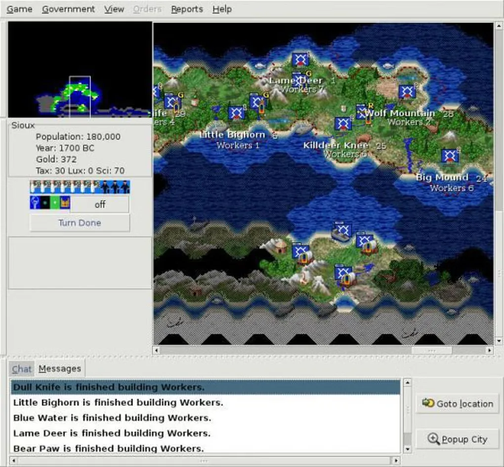 Historical Freeciv interface showing a civilization map, cities and units, empire statistics, and the messages panel.