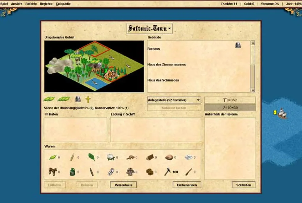 Historical FreeCol colony screen in German showing an isometric settlement, buildings, production and stored goods