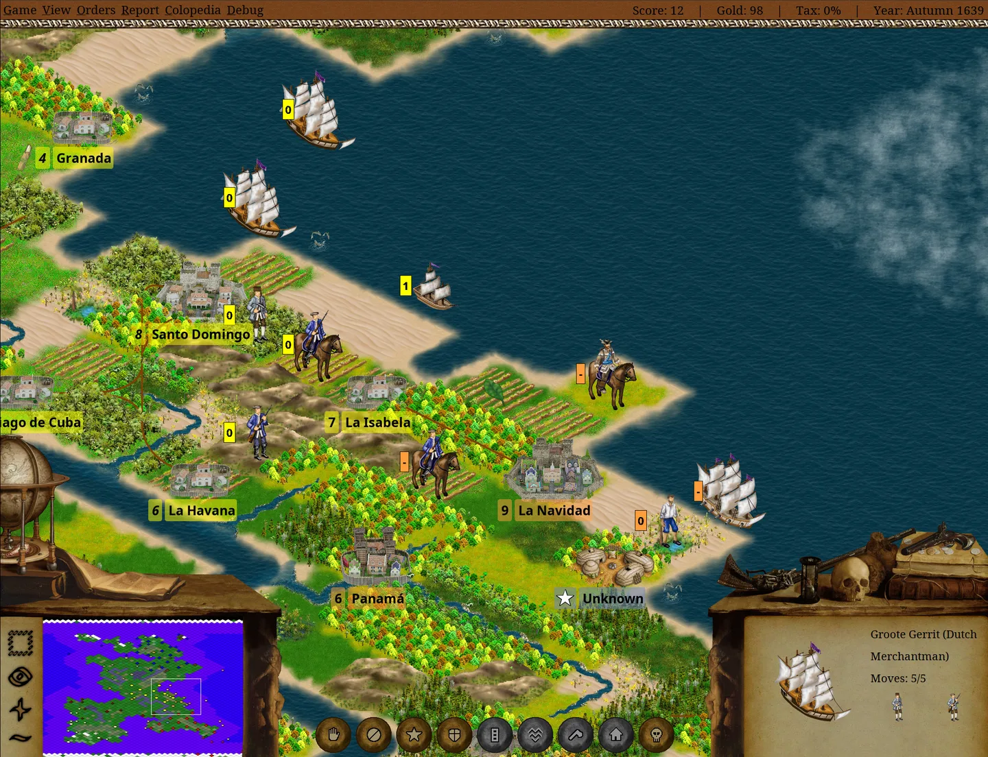 FreeCol game map with coastal colonies, sailing ships, units, a minimap and a selected merchant ship panel; publisher 1.0.0 screenshot