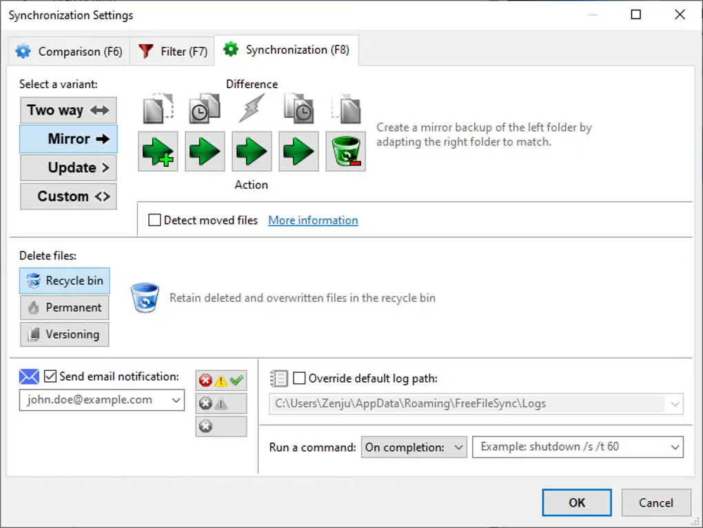 FreeFileSync Synchronization Settings on Windows, showing Mirror mode, Recycle bin deletion handling and the Versioning option.