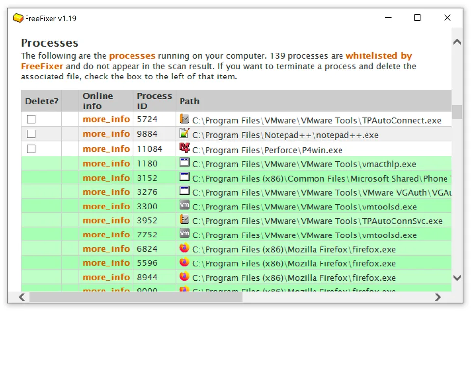 FreeFixer v1.19 process scan results with deletion checkboxes, online information links and green trusted-publisher rows.
