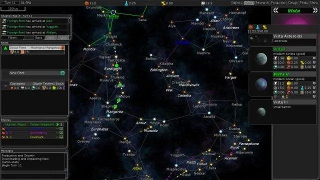 FreeOrion project gallery screenshot showing a wide galaxy map with star lanes, a fleet panel and Vista planet details