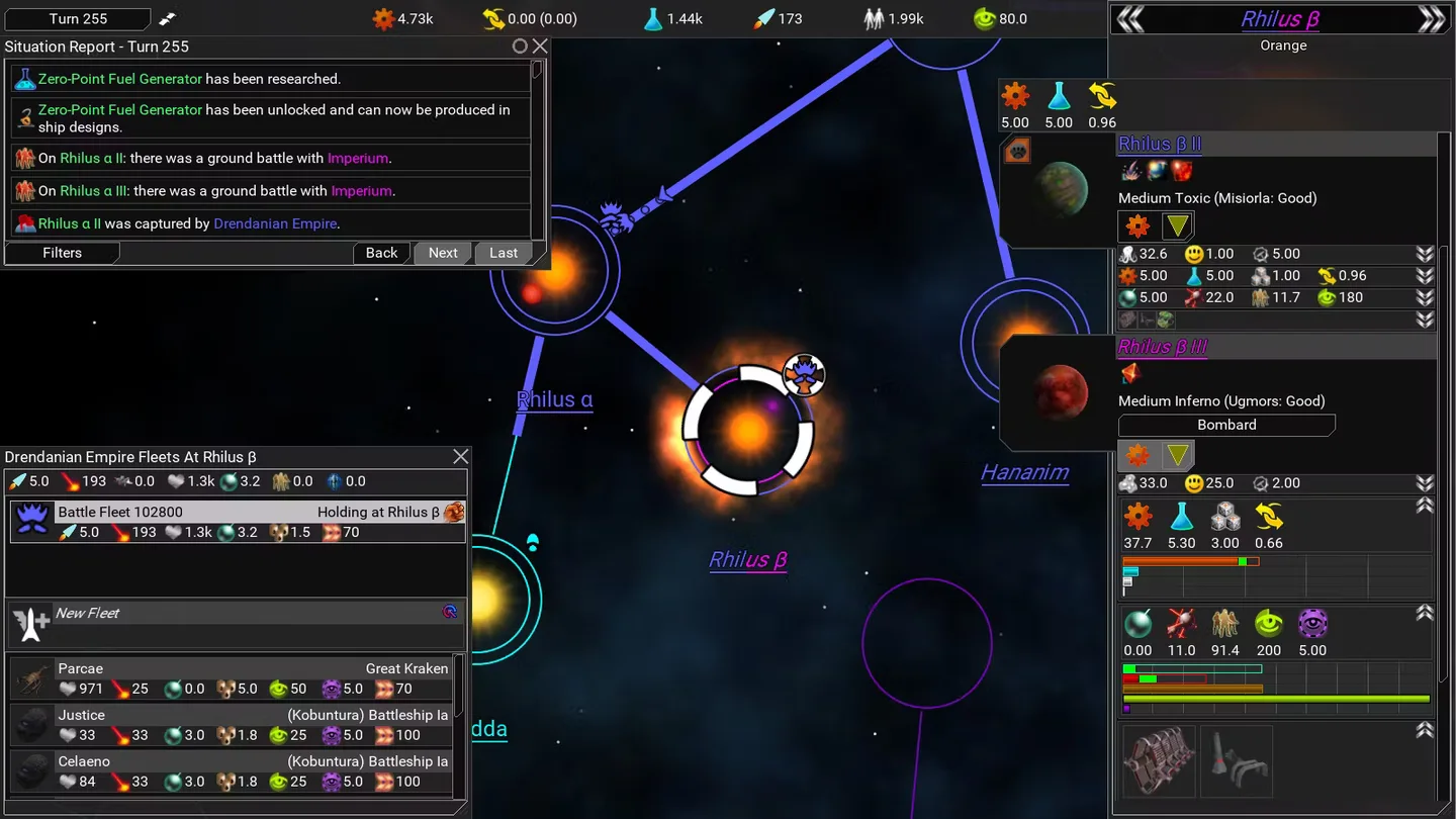 FreeOrion galaxy map with Rhilus star systems, fleet list, planet statistics and a turn situation report