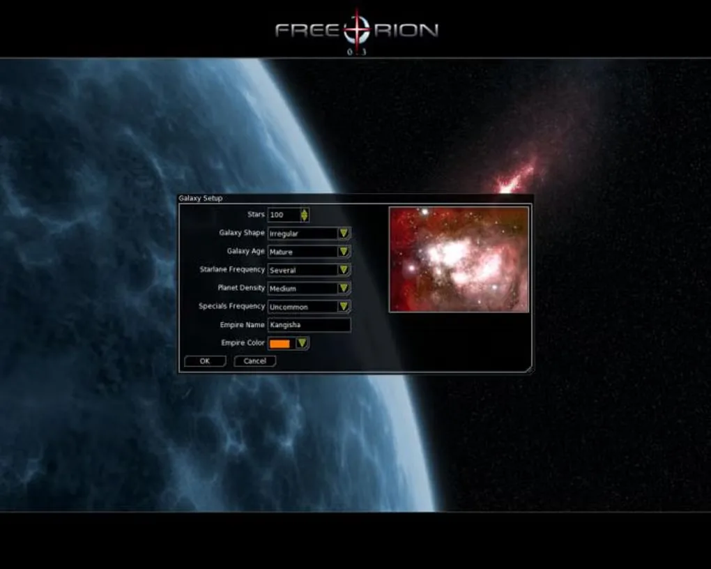 Older FreeOrion Galaxy Setup screen with star count, galaxy shape, age and empire settings over a space background.