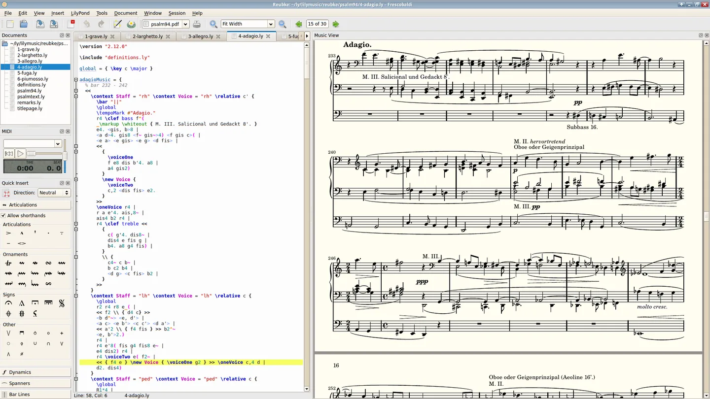 Historical Frescobaldi editor with LilyPond source, Quick Insert tools and a PDF score preview on a Linux-style desktop.