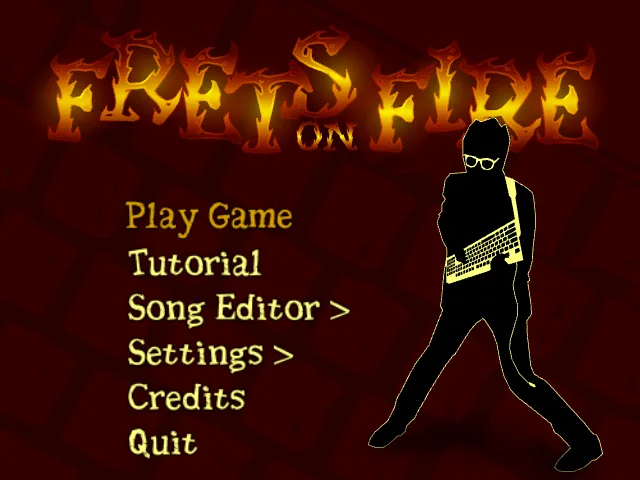 Frets on Fire main menu with Play Game, Tutorial, Song Editor and Settings beside the keyboard-guitar character