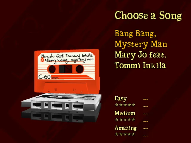 Frets on Fire Choose a Song screen with cassette artwork, song and artist names, and Easy, Medium and Amazing difficulty entries