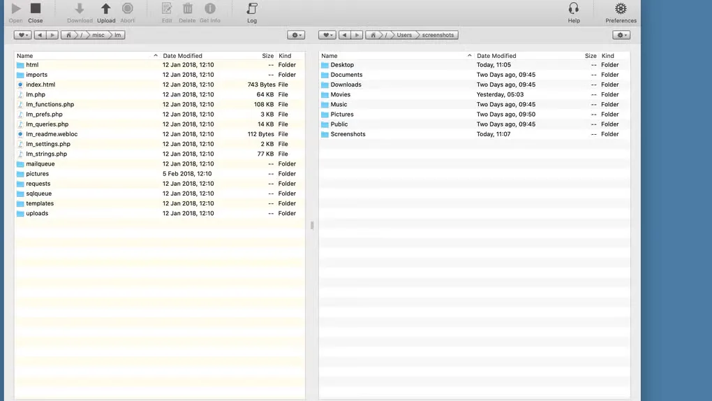 FTP Disk Mac source-gallery view with remote website files on the left and local user folders on the right