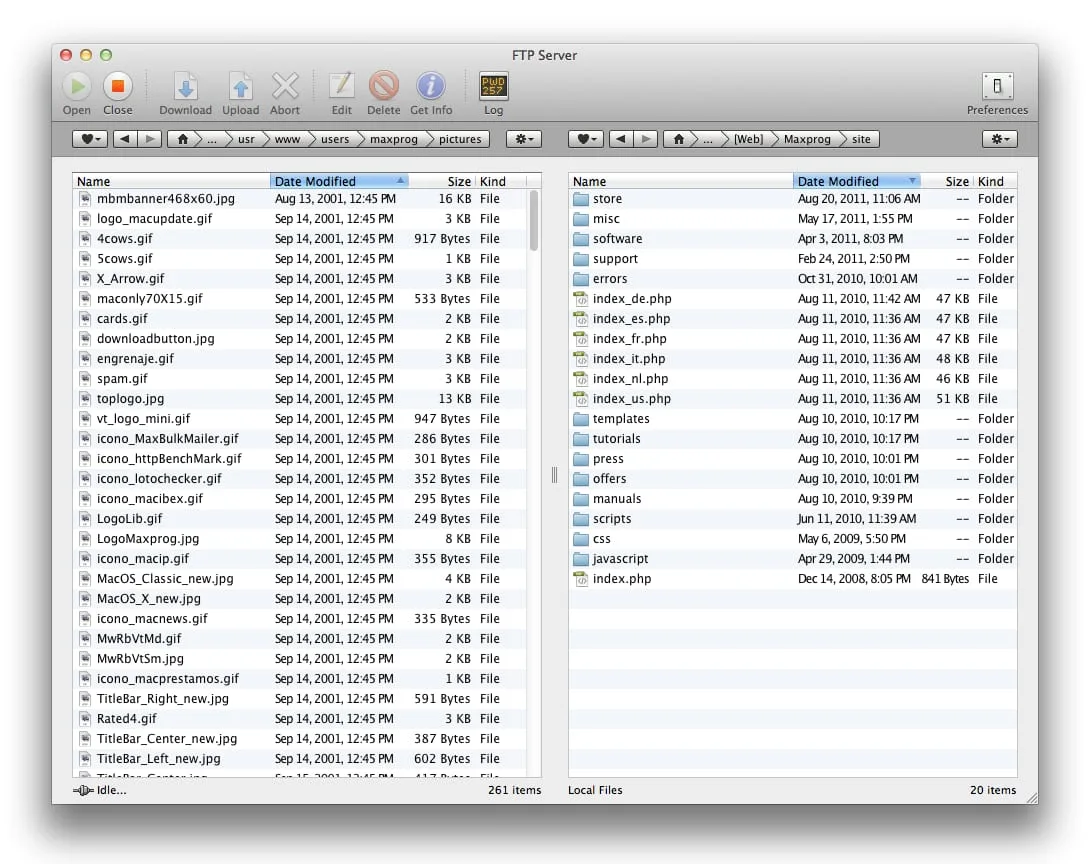 Publisher's FTP Disk Mac screenshot showing local and remote file lists, directory bars and transfer controls