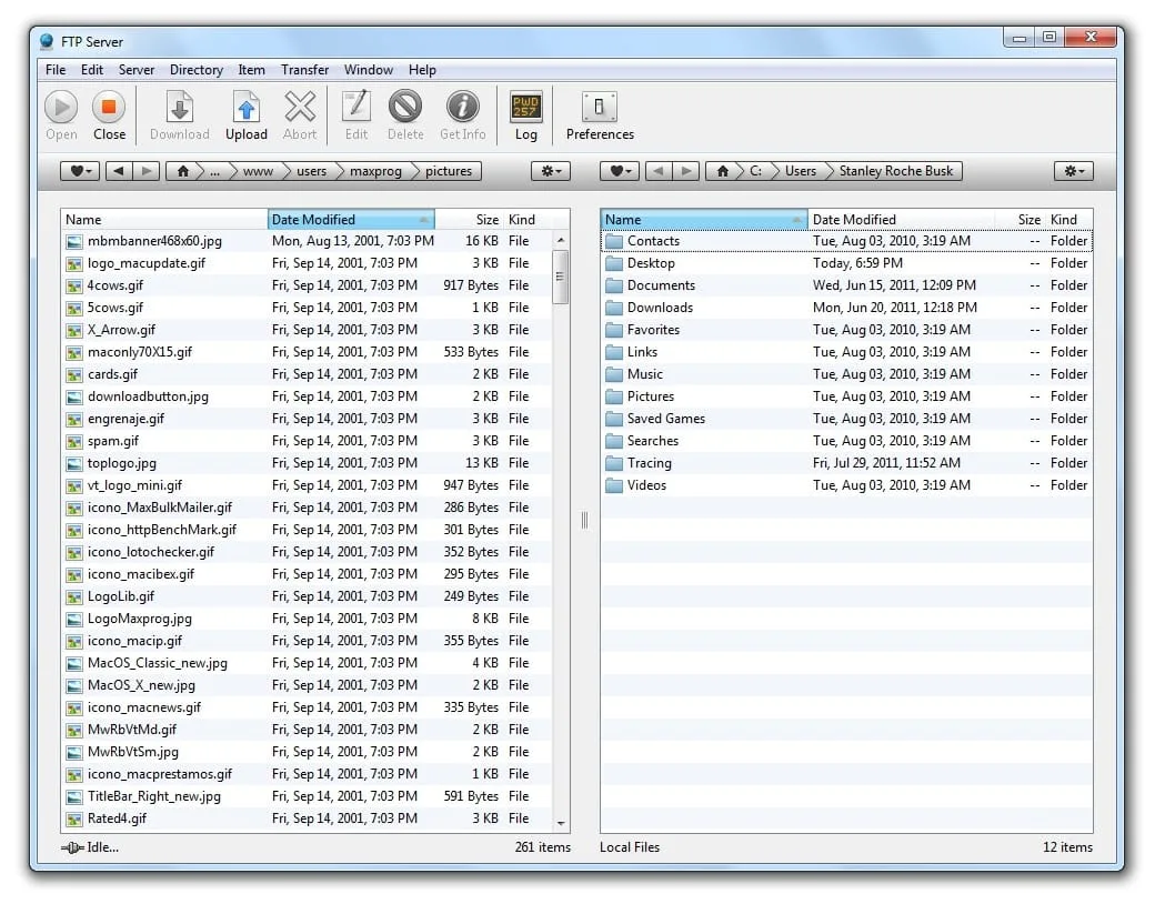 FTP Disk publisher screenshot of an older Windows interface, showing remote files on the left and local folders on the right.